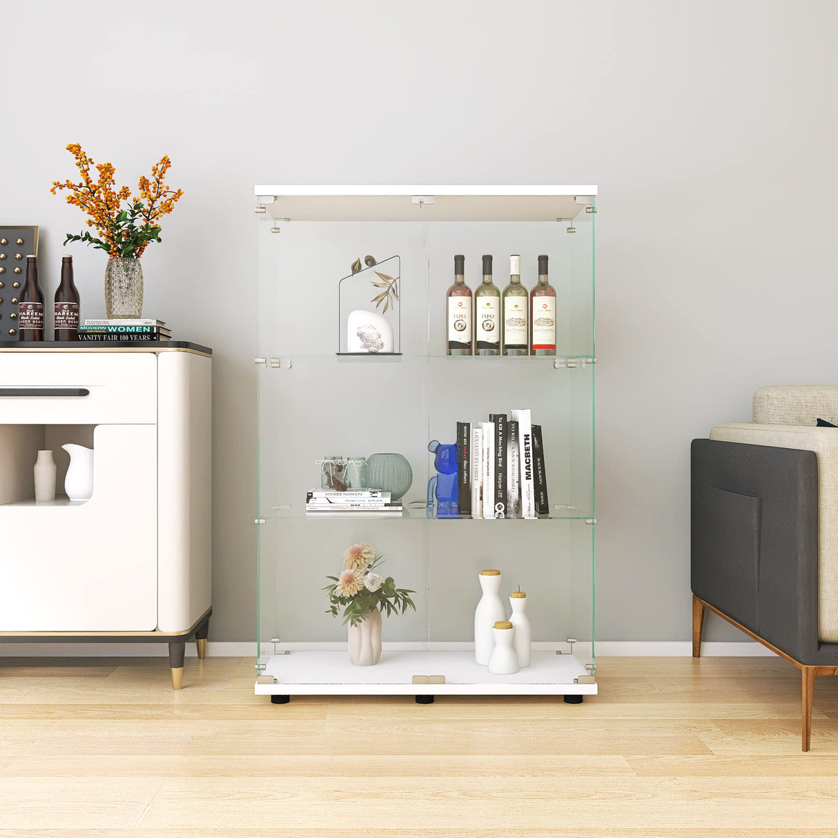 Zacis Modern Clear Glass Display Cabinet with 2 Doors and 3 Shelves for Living Room Zacis