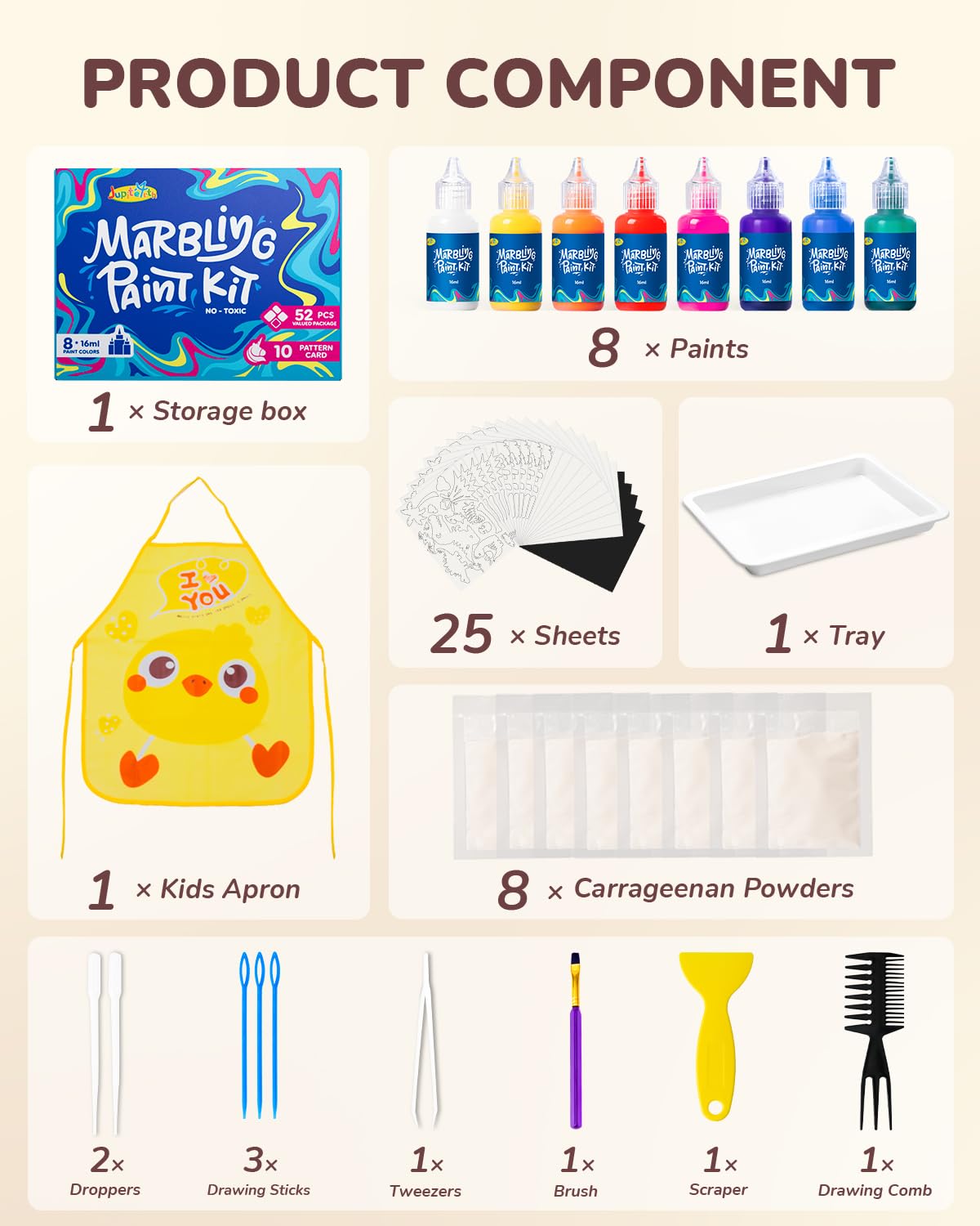 JUPITEARTH 52Pcs Water Marbling Paint Kit, Arts and Crafts for Girls & Boys, Art Supplies for Kids Ages 3-5 4-8 8-12, Marbling Paint for DIY Crafts, Christmas and Birthday Gifts JUPITEARTH