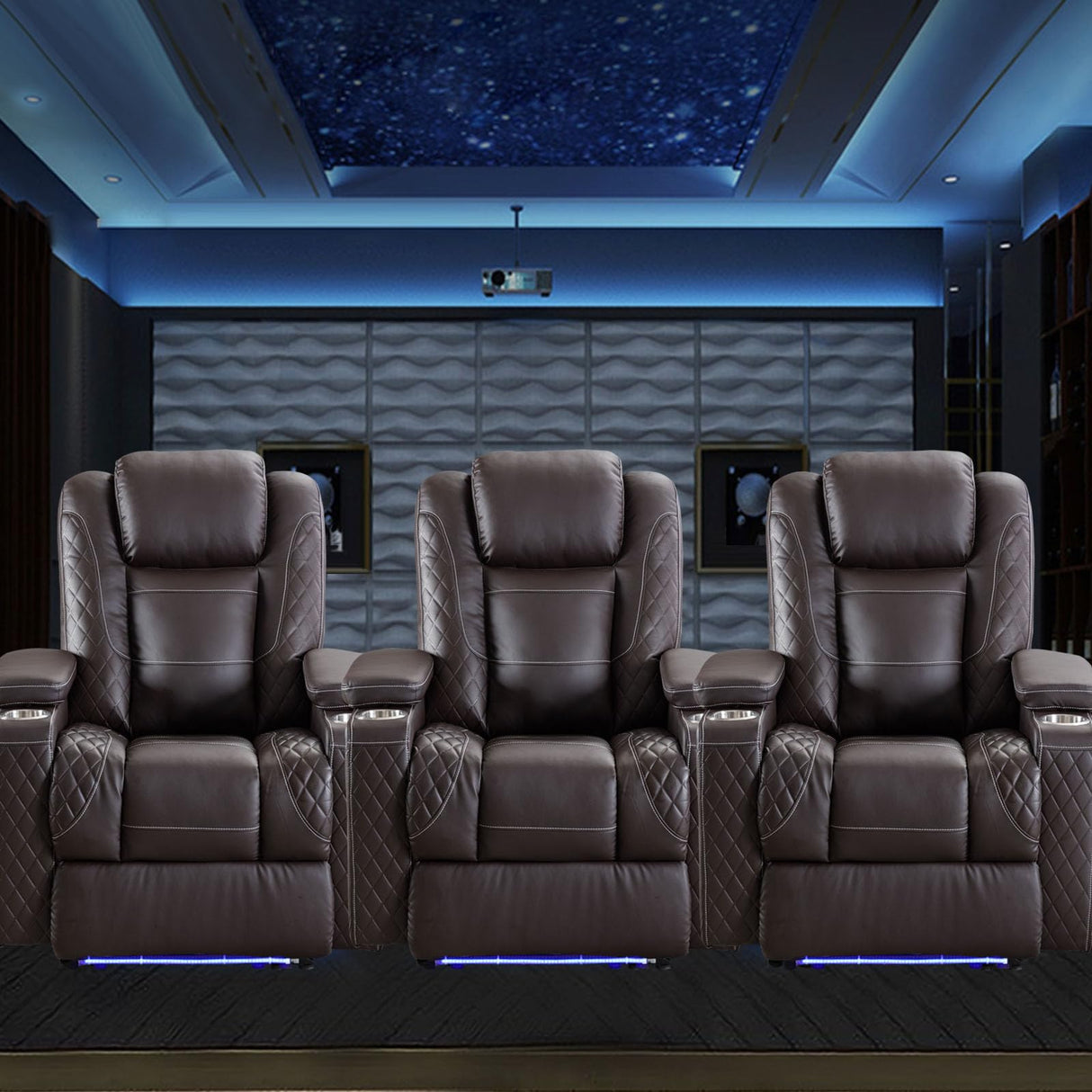 Houjud Power Recliner Chair, Home Theater Seating Soft Leather Electric Recliner Movie Chair for Living Room with Adjustable Headrest, LED Lighting, Hidden Arm Storage, Cup Holder (Brown) Houjud