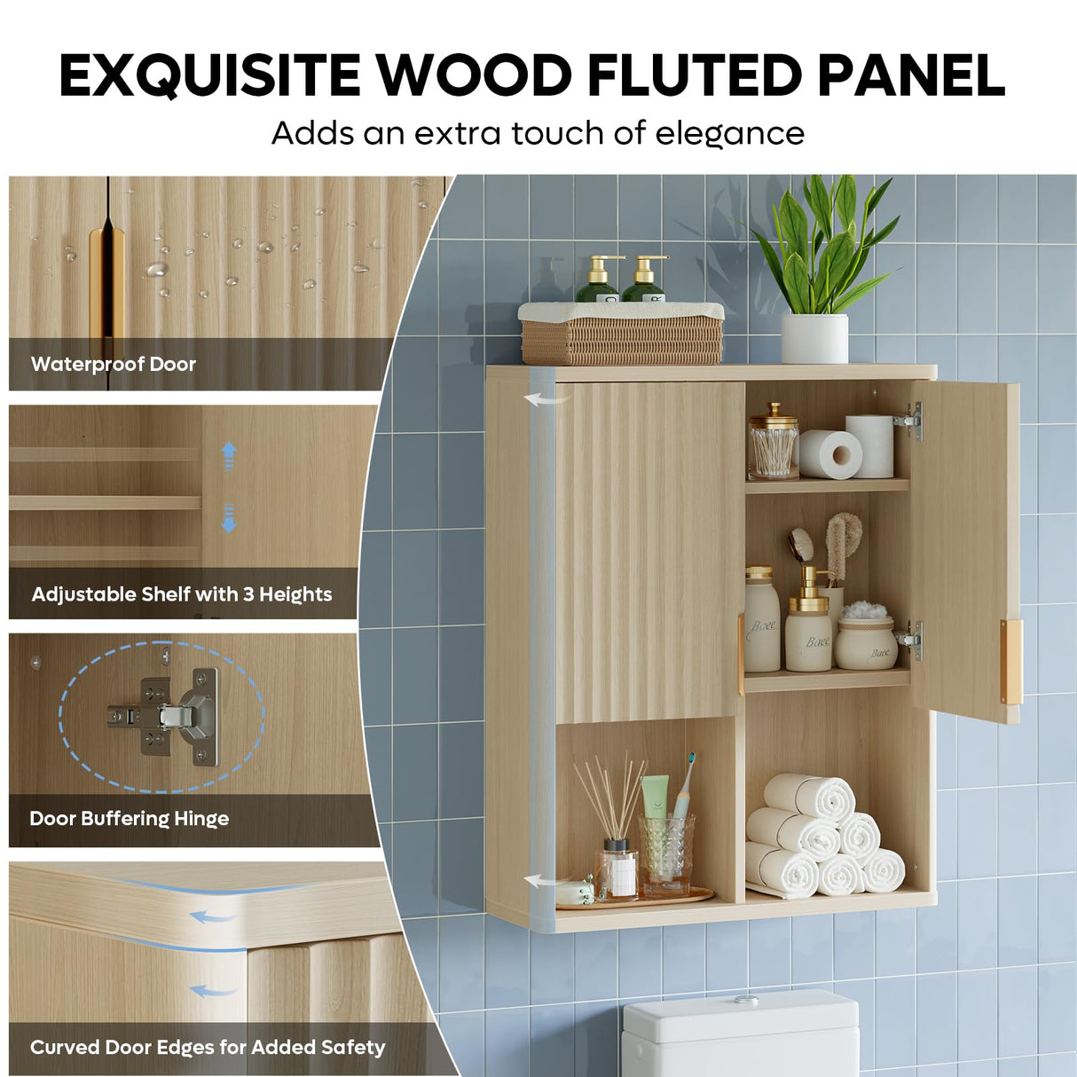 Bestier Fluted Bathroom Wall Cabinet Over The Toilet Storage, 23"x 29" Medicine Cabinet with Adjustable Shelf, Laundry Cabinet Wall Mounted and Kitchen Storage Cabinet(Natural Oak) Bestier