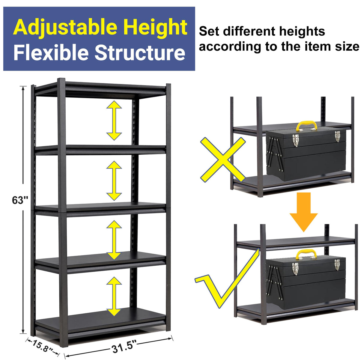 TOPKEY 5-Tier Utility Shelves Garage Storage Shelves, Heavy Duty Metal Storage Shelf for Garage, Kitchen, Warehouse, Adjustable Basement Storage Rack, Load 2000LBS, 63" H x 31.5" W x 15.8" D TOPKEY