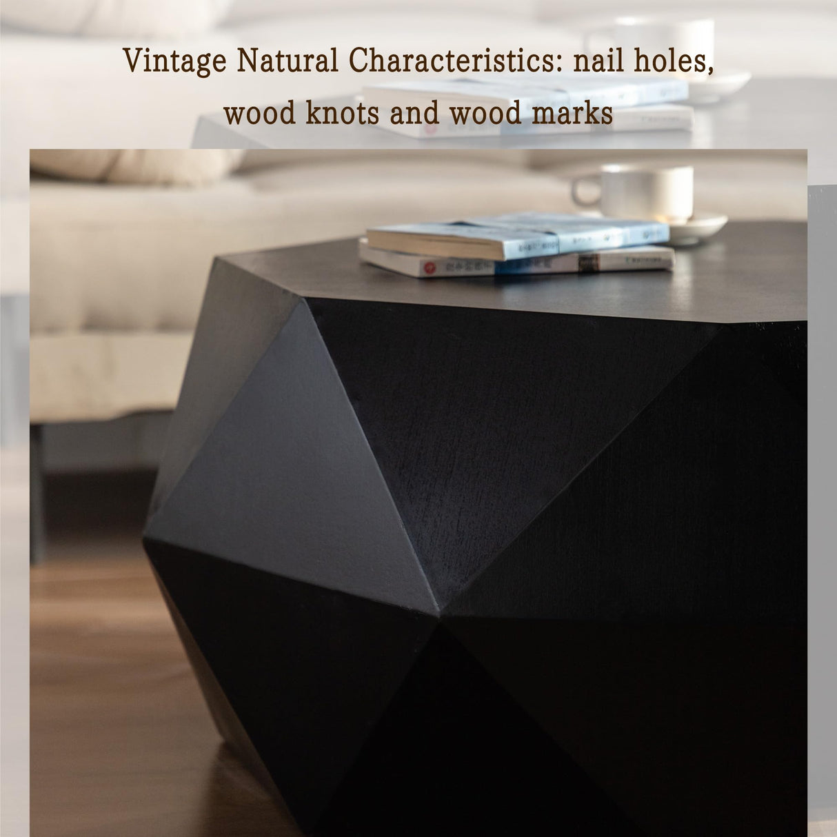 38" Modern Farmhouse Drum Coffee Table, American Retro Style Coffee Table for Office, Dining Room and Living Room, Black KIGFTSOD