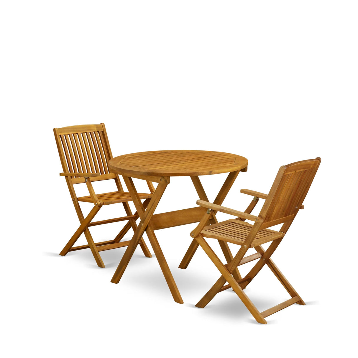 East West Furniture MNCM3CANA 3 Piece Folding Patio Bistro Sets Outdoor Set Contains a Round Acacia Wood Coffee Table and 2 Folding Arm Chairs, 30x30 Inch, Natural Oil East West Furniture