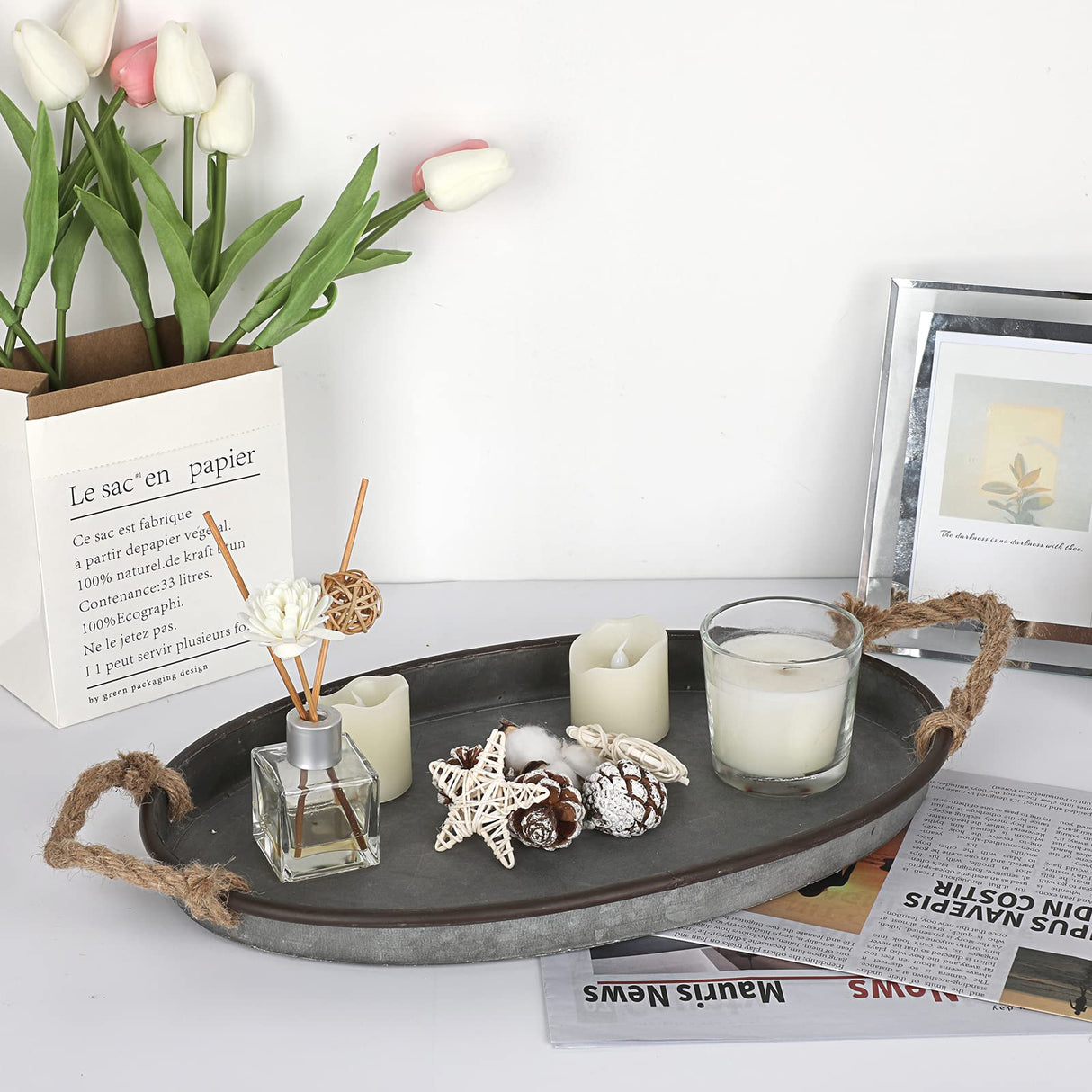 Hipiwe Galvanized Metal Iron Oval Tray with Rope Handle Farmhouse Serving Tray Rustic Industrial Decorative Centerpiece for Coffee Table Weddings and Parties Decor, Large Hipiwe