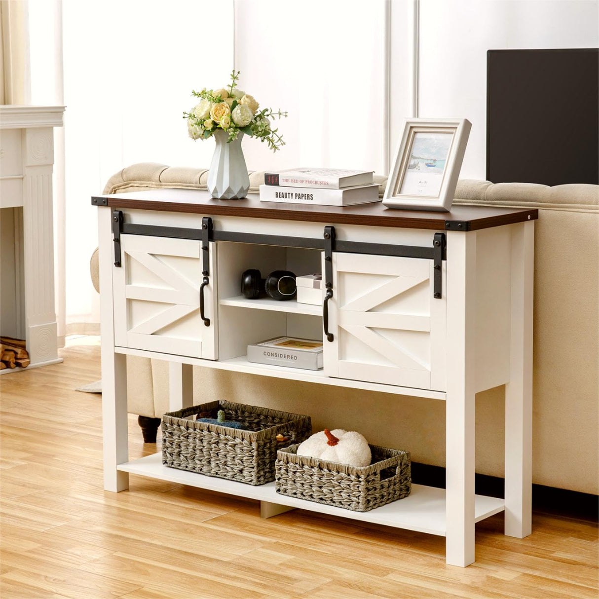 GAZHOME Entryway Table with Sliding Barn Doors, 46'' Farmhouse Console Table with Storage, Rustic Sofa Table with Adjustable Shelf & Open Shelf for Entry Way, Hallway, Living Room, White GAZHOME