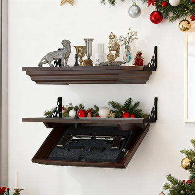 Gurexl 24''L x 13''W x 4''D Gun Rack with Magnetic Lock, Solid Wood Compact Gun Shelf with Secure Hidden Compartment for Wall Mount Display, Indoor Storage Security Safe Box for Home