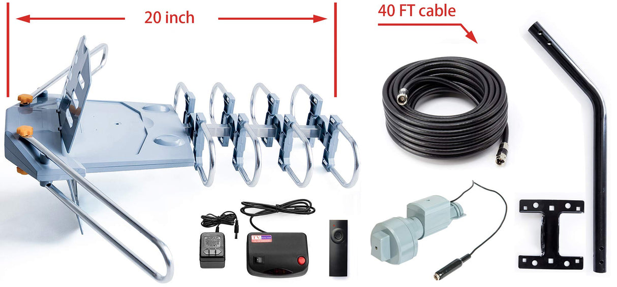 PBD WA-2608 Amplified Outdoor TV Antenna – Long Range with UHF/VHF, 360° Motorized Rotation, Remote Control, Mounting Pole, and 40FT RG6 Cable – Supports 4K, 1080P, Smart and Older TVs (2 Outputs) pbd