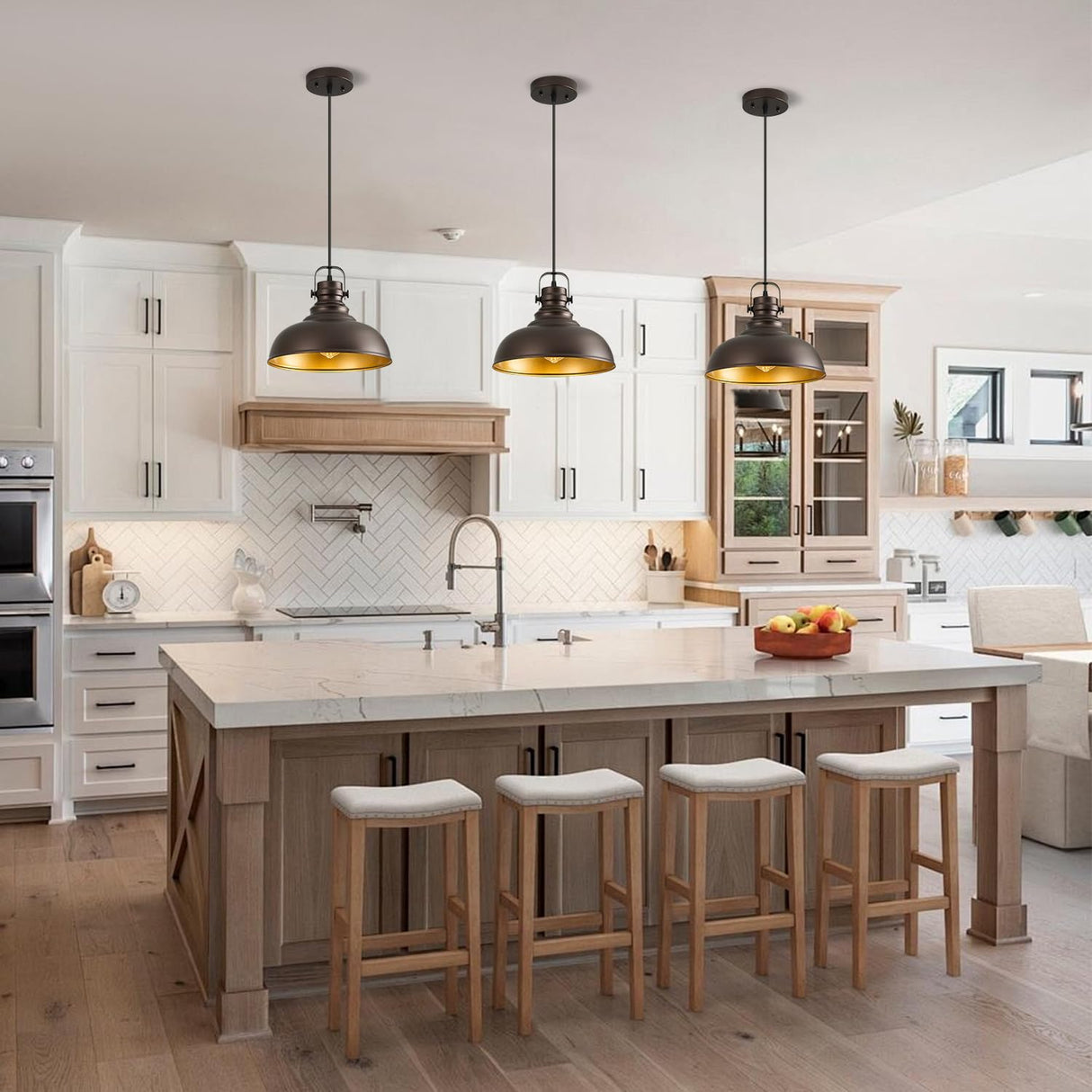 Refice 3 Packs Farmhouse Pendant Lights, Oil Rubbed Bronze Pendant Lighting, lsland Pendant Lights for Kitchen lsland lndustrial Adjustable Height Dome Hanging Lights for Barn, Dining Room Refice