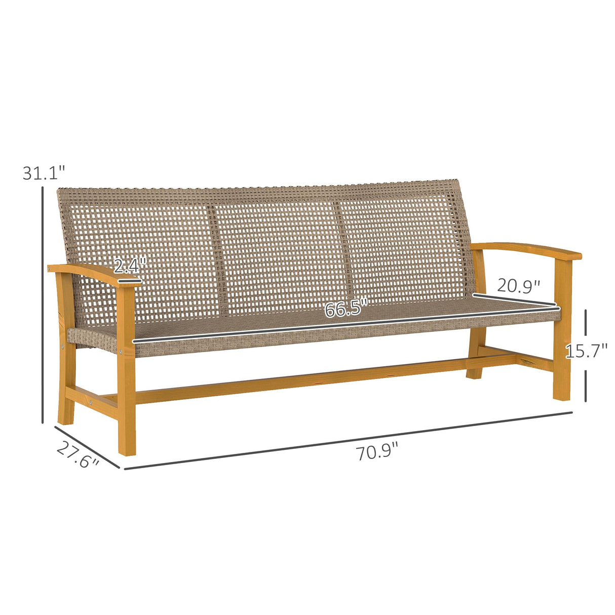 Outsunny Wicker Outdoor Couch, 3-Seat Rattan Outdoor Patio Sofa, 1000 lbs. Capacity, Acacia Wood Patio Furniture Couch with Steel Seat and Armrests for Backyard, Porch, Teak Outsunny