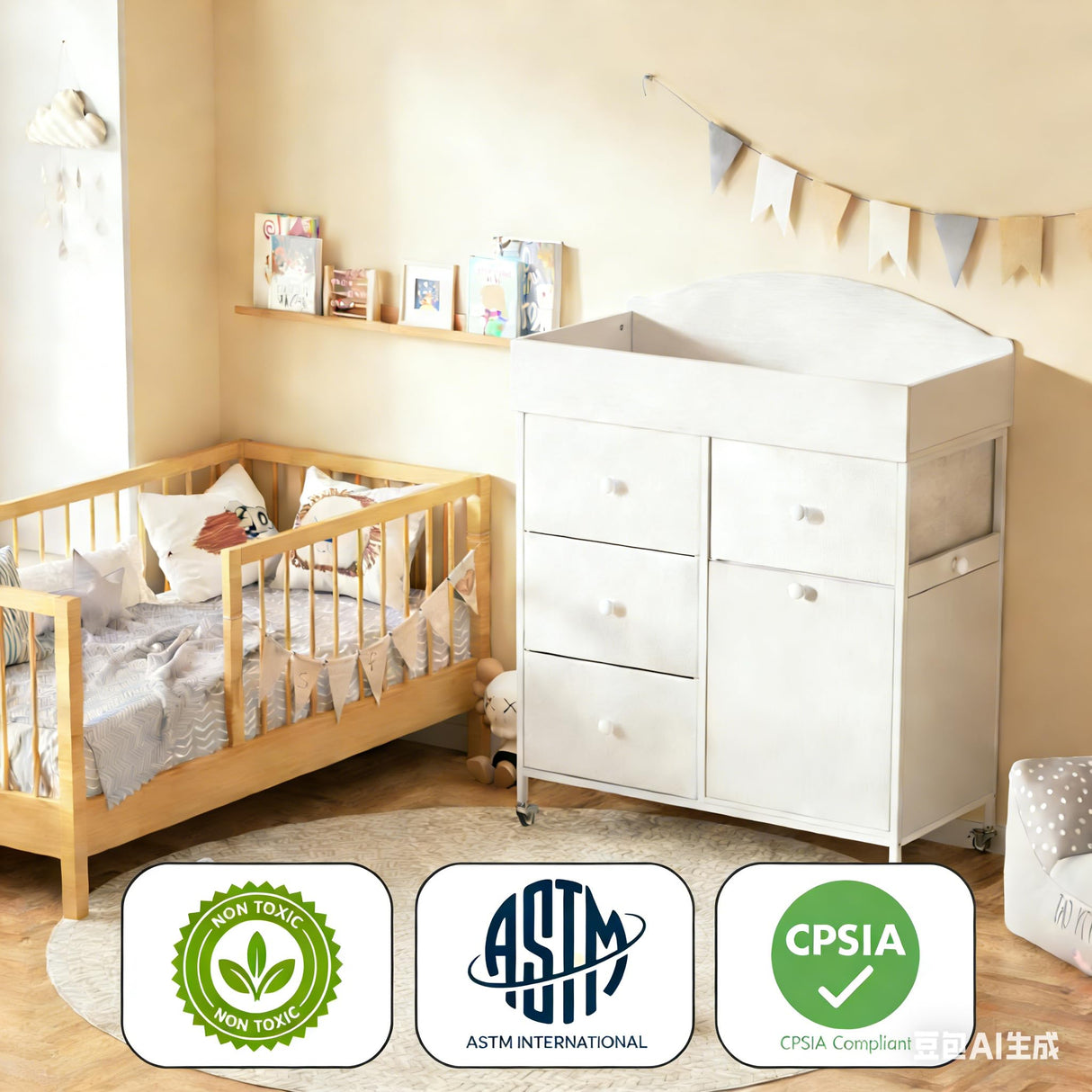 DTK Baby Dresser with Changing Table Top,4-Drawers Changing Table Dresser with Tile-Out Trash Cabinet and Pull-Out Shelf,Diaper Changing Station with Waterproof Pad and Storage for Nursery,White DTK