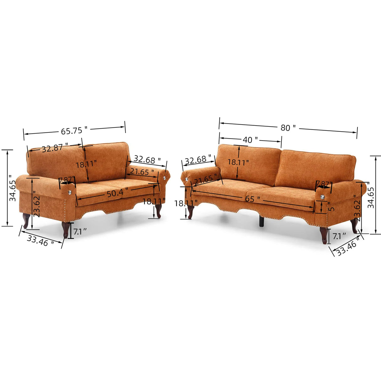 KEIKI 2 Piece Sectional Sofa Set, 3 Seat Sofa Couch and Loveseat Sets, Modular Sectional Sofas with Movable Pillows for Living Room Bedroom Office Apartment, Orange KEIKI