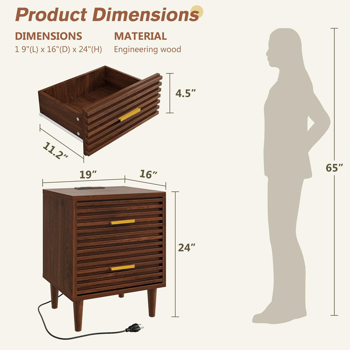 Alohappy Night Stands with Charging Station Set of 2, Mid Century Modern Nightstands, Wooden Bedside Table for Bedroom, End Table with Storage Drawers, Bed Side Table with USB Outlets, Brown 2pcs Alohappy