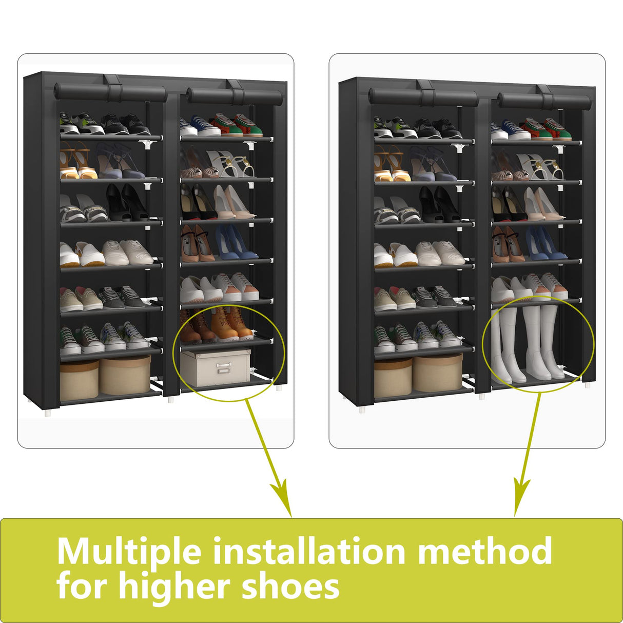 JIUYOTREE 7-Tier Shoe Storage Organizer with Dustproof Cover - Closet Cabinet Shelf Holds up to 28 Pairs - for Doorway, Corridor, Balcony, Living Room - Black JIUYOTREE
