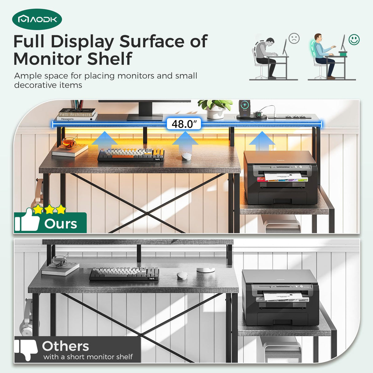 AODK Computer Desk, 48 Inch Gaming Desk with Led Lights & Power Outlet, Office Desk with Printer Storage Shelves, Reversible Desk with Monitor Shelf & Headphone Hook, Grey Oak AODK