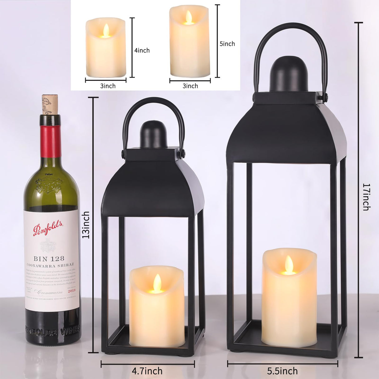 MATAHUM Lanterns Decorative Outdoor Indoor, Black Metal Outdoor Lanterns, 17'' 13'' Set of 2 Modern Farmhouse Candle Lantern Halloween Lanterns Centerpieces for Home, Wedding, Patio, Porch, Mantel MATAHUM