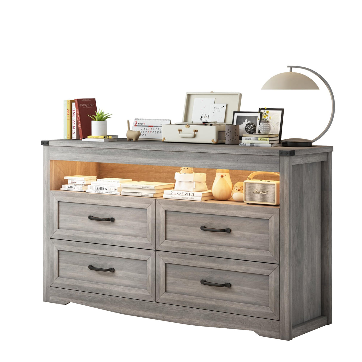 Wodeer 4 Drawer Dresser Chests with LED Light,Wide Chest of Drawers with Metal Handles,Wood Dresser for Storage and Organization for Bedroom,Living Room, Nursery,Hallway,Gray Wodeer