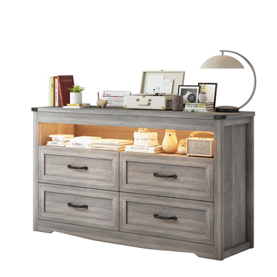 Wodeer 4 Drawer Dresser Chests with LED Light,Wide Chest of Drawers with Metal Handles,Wood Dresser for Storage and Organization for Bedroom,Living Room, Nursery,Hallway,Gray