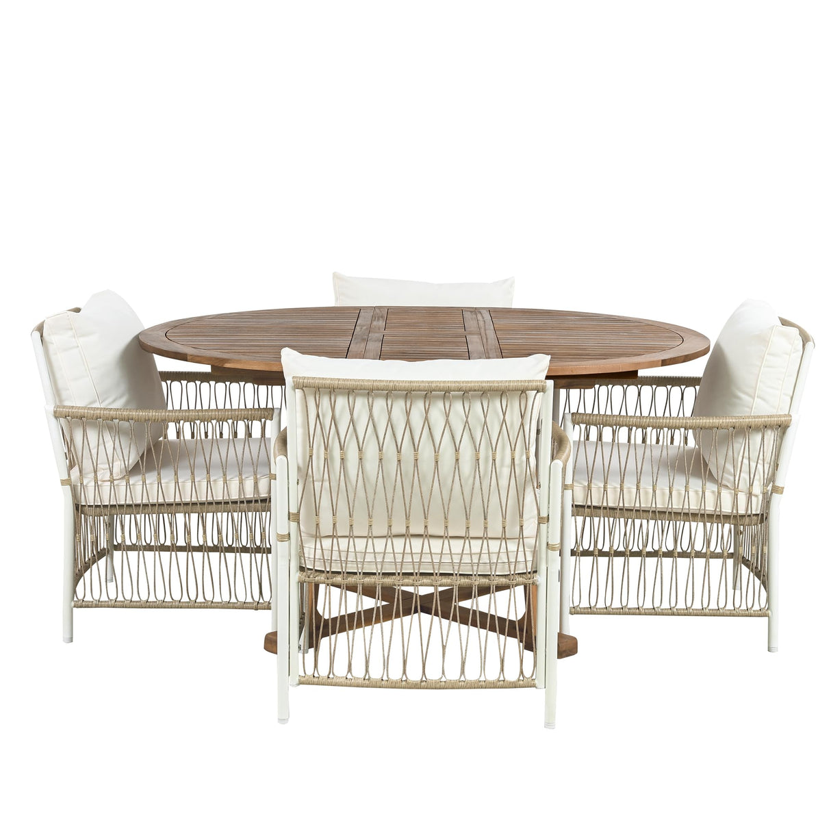 Modern 5-Piece Outdoor Patio Dining Set, All-Weather Acacia Wood Extendable Round Dining Table with 12inch Butterfly Leaf and 4 Rattan Arm Chairs for Backyard, Garden, Poolside CKLMMC