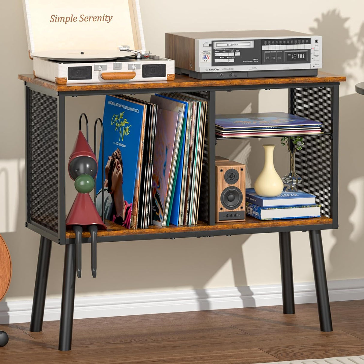 Record Player Stand with Adjustable Divider, Vinyl Storage Holder Up to 200 Albums, Mid-Century Large Record Player Table, Vinyl Holder Turntable Stand End Table Storage Rack for Bedroom & Living Room Simple Serenity