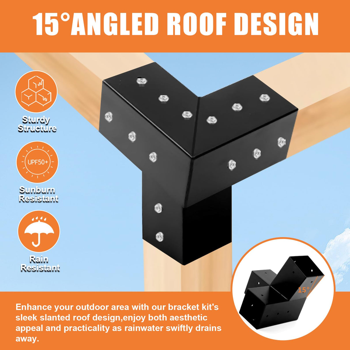 TOPTGO 6 PCS Pergola Brackets Kit,15° 3-Way Slanted Roof Pergola Bracket Set 4x4 (Actual: 3.5x3.5 in),2 Pack Angle Corner Bracket with Post Base for Wooden Beams Lumber Gazebos Patio Pergola Sheds TOPTGO