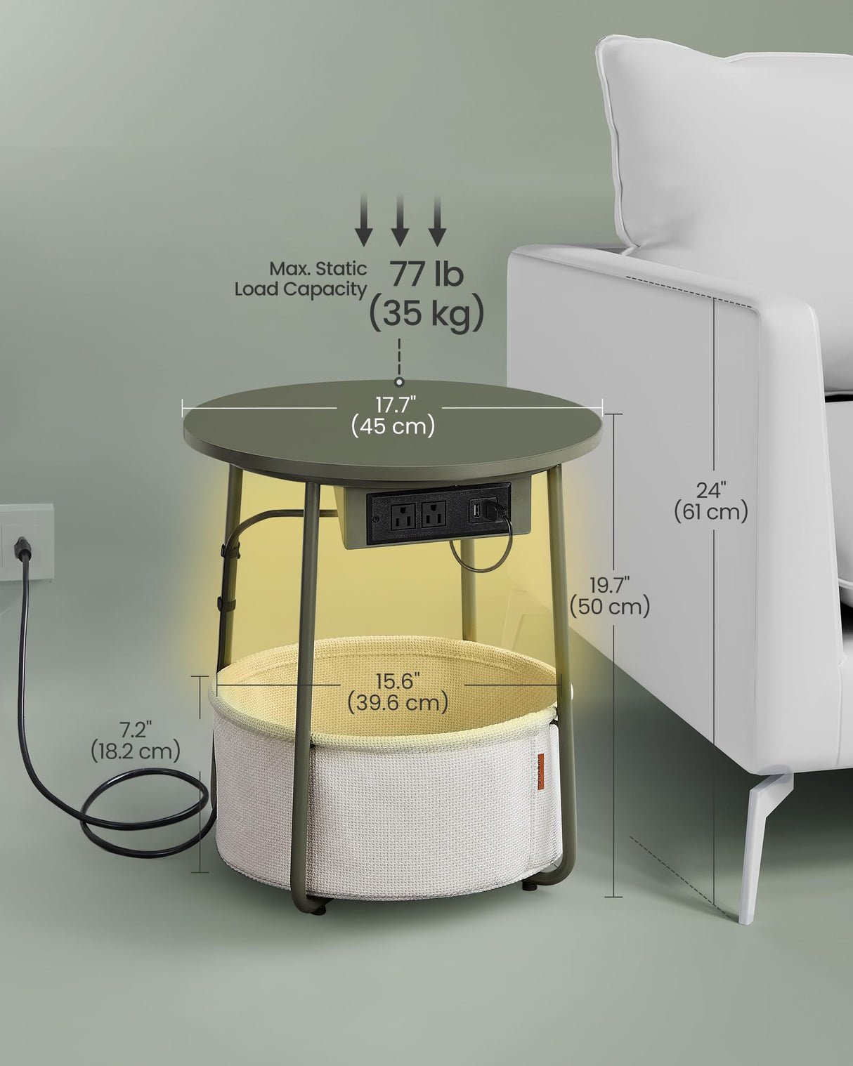 VASAGLE Side Table with Charging Station, Round End Table with Fabric Basket, LED Nightstand with Power Outlets, USB Ports, for Living Room, Bedroom, Modern, Forest Green and Cream White ULET227C01 VASAGLE