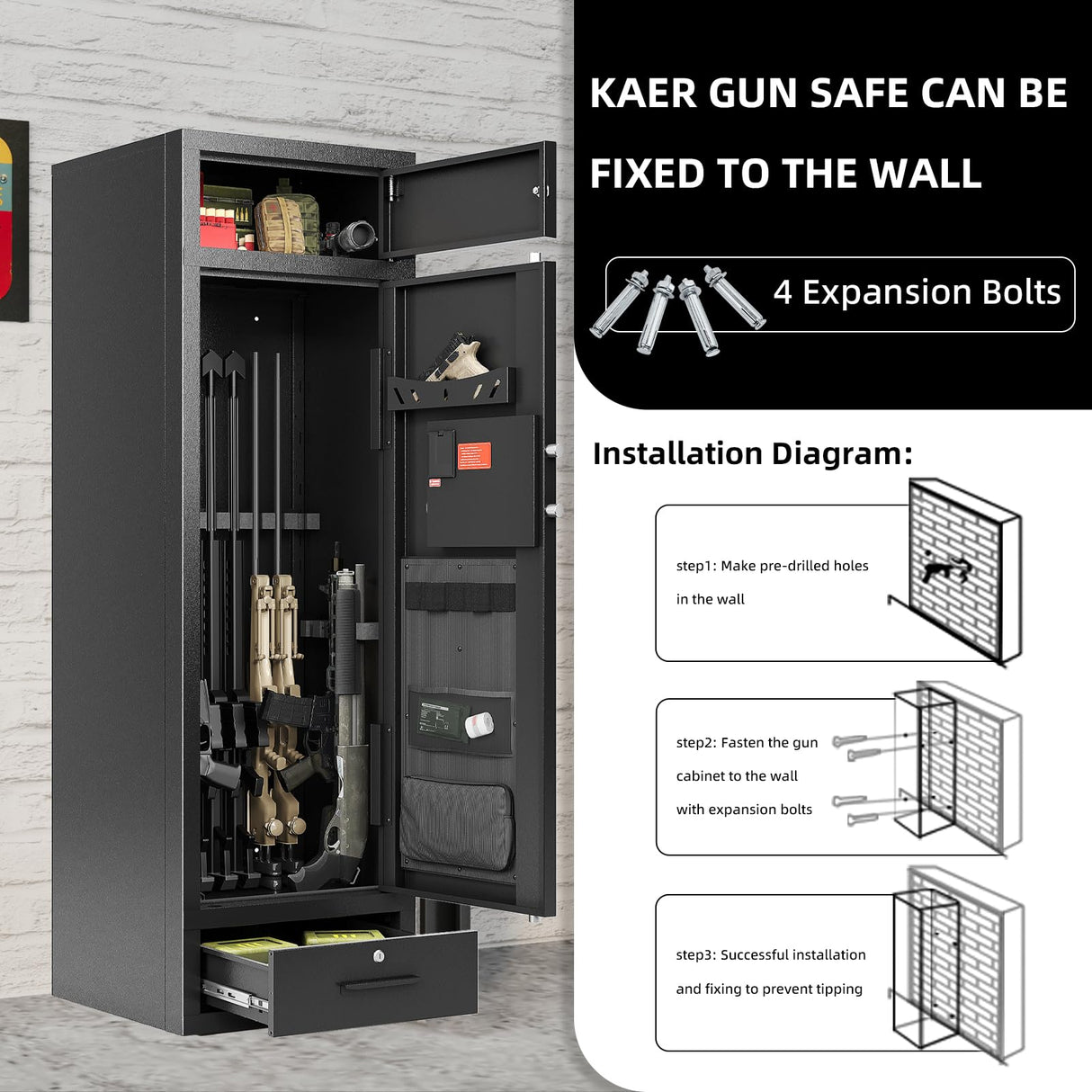 KAER 15-17 Gun Safe,Gun Safes for Home Rifle and Pistols,Large Capacity Gun Safe Rifle,Multi-Function Gun Cabinet,Sturdy Anti-Theft Gun Safe with Handgun Racks, Magnetic Lamp(Unassembled) KAER