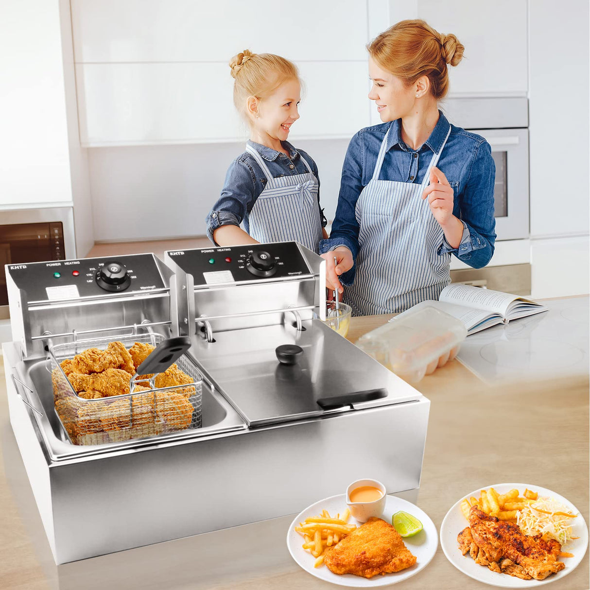 Commercial Deep Fryer with Basket, 3400W 12.7QT/12L, Detachable Large Capacity Stainless Steel Countertop Electric Oil Fryer with Temperature Control for Restaurant or Home Use KHTD