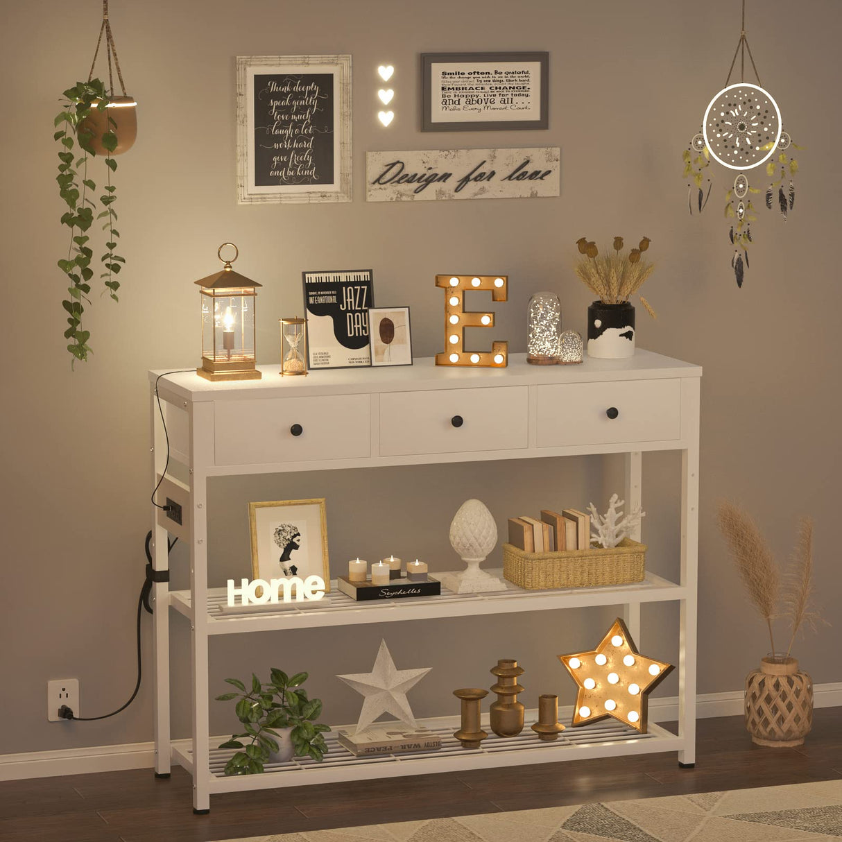 Ecoprsio 47'' Entryway Table with Outlets and USB Ports, Console Table with 3 Drawers, Sofa Table Narrow Long with Storage Shelves for Living Room, Couch, Hallway, Foyer, Kitchen Counter, White Ecoprsio