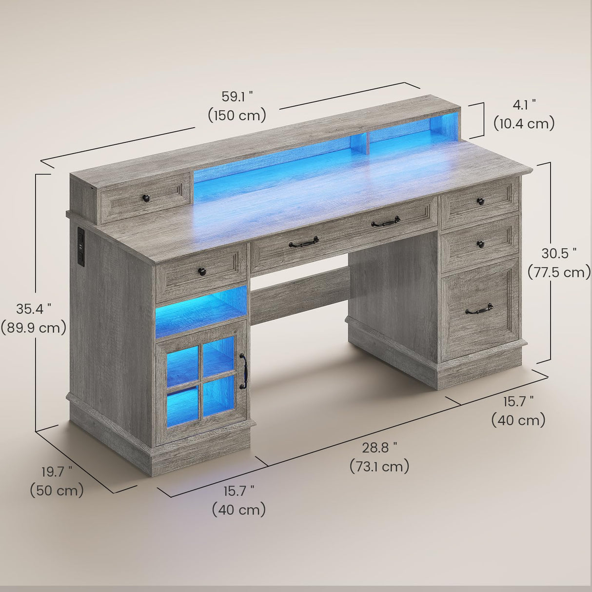 HAUOMS Farmhouse Executive Desk with Drawers Computer Desk with File Drawers, Power Outlet and Led Lights, Executive Office Desk with Storage Cabinet and Monitor Shelf for Home Office, Grey HAUOMS
