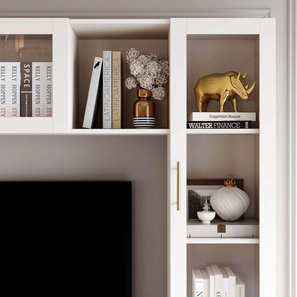 Entertainment Wall Unit: 4-Piece TV Stand with Bookshelves & Storage, Media Center for Living Room, Up to 70" TVs, White Bobve