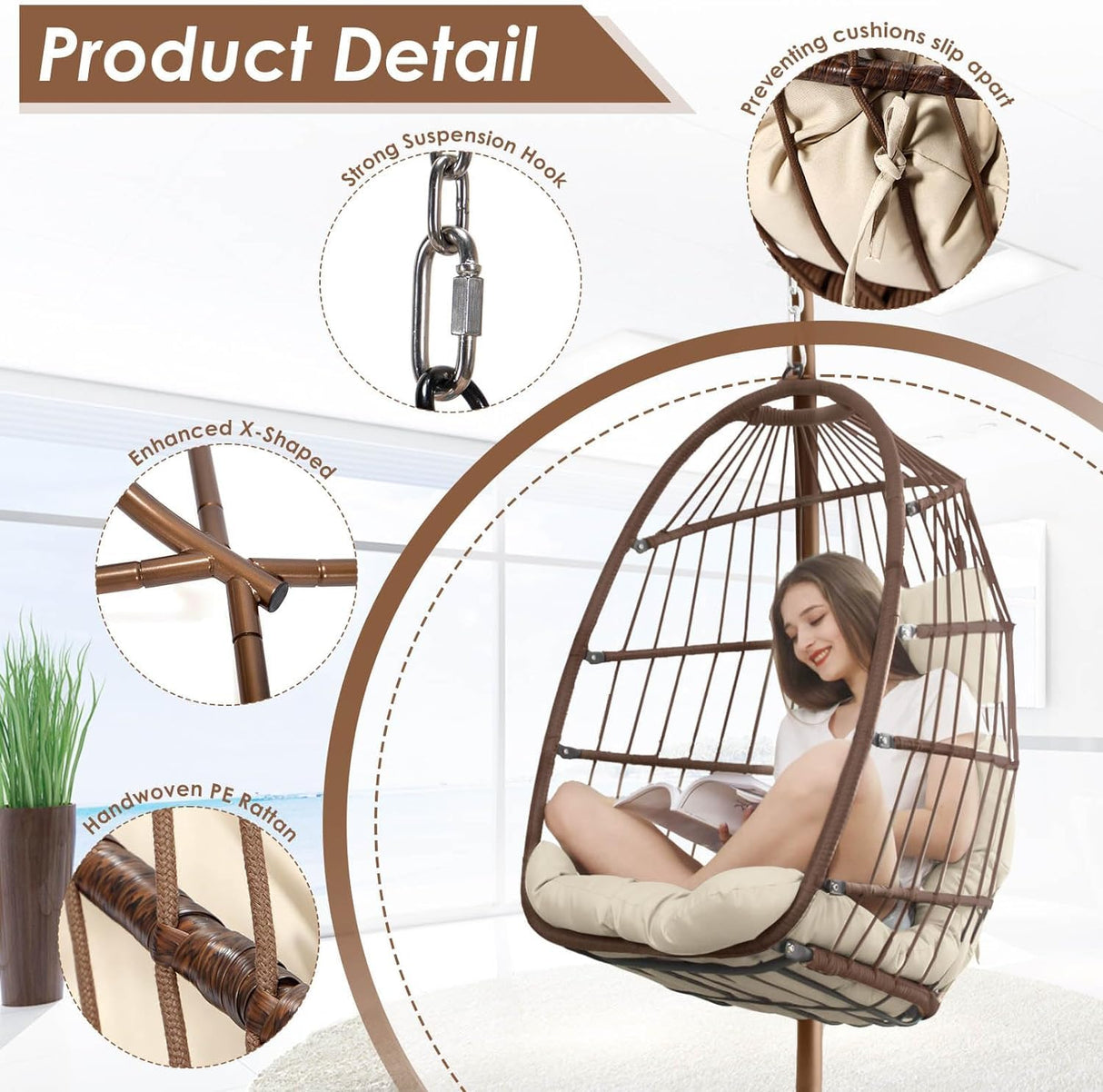 NICESOUL® Egg Chair Indoor Outdoor Patio Wicker Hanging Chair with Stand, Swing Egg Chairs All Weather Resistant with Thicken Comfy Cushions, 350lbs Capacity for Bedroom Balcony Brown NICESOUL
