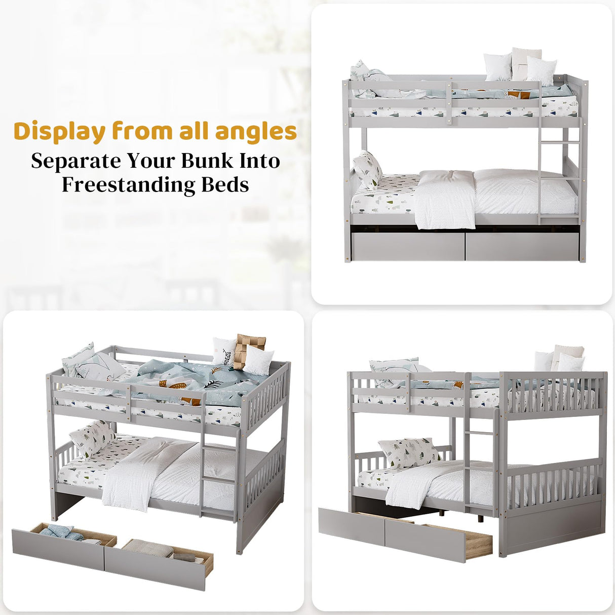 Rophefx Full Over Full Bunk Bed with Two Storage Drawers, Convertible Full Size Bunk Beds for Kids, Wooden Full Bunkbed Frame with Safety Rails and Ladders for Toddlers,Adult, Grey Rophefx