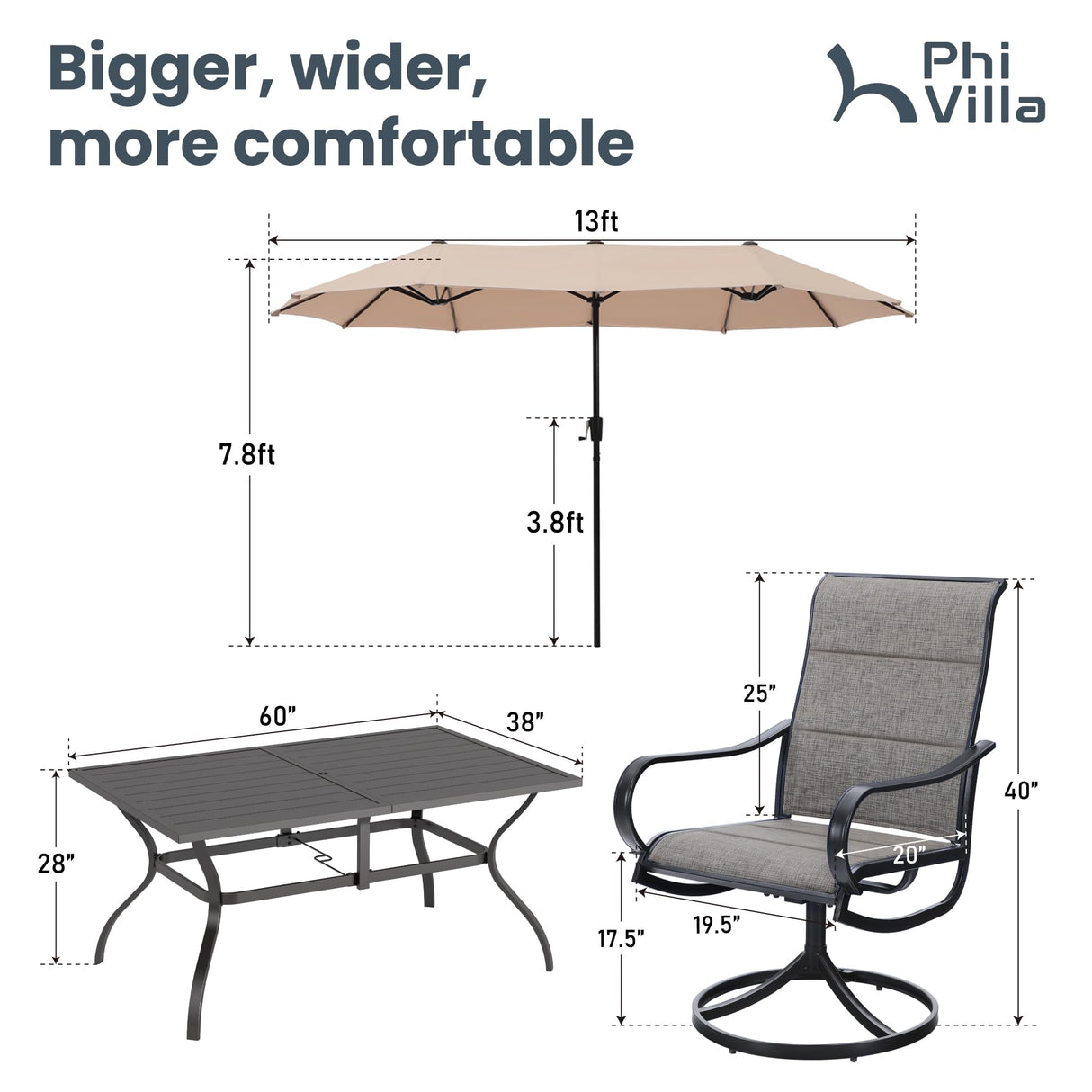 PHI VILLA Swivel Chair Patio Dining Set with 13ft Outdoor Beige Umbrella, 6 Padded Textilene Armrest Dining Chair and 1 Large Metal Table, Outdoor Table Chair Dining Set for Patio Lawn Garden PHI VILLA