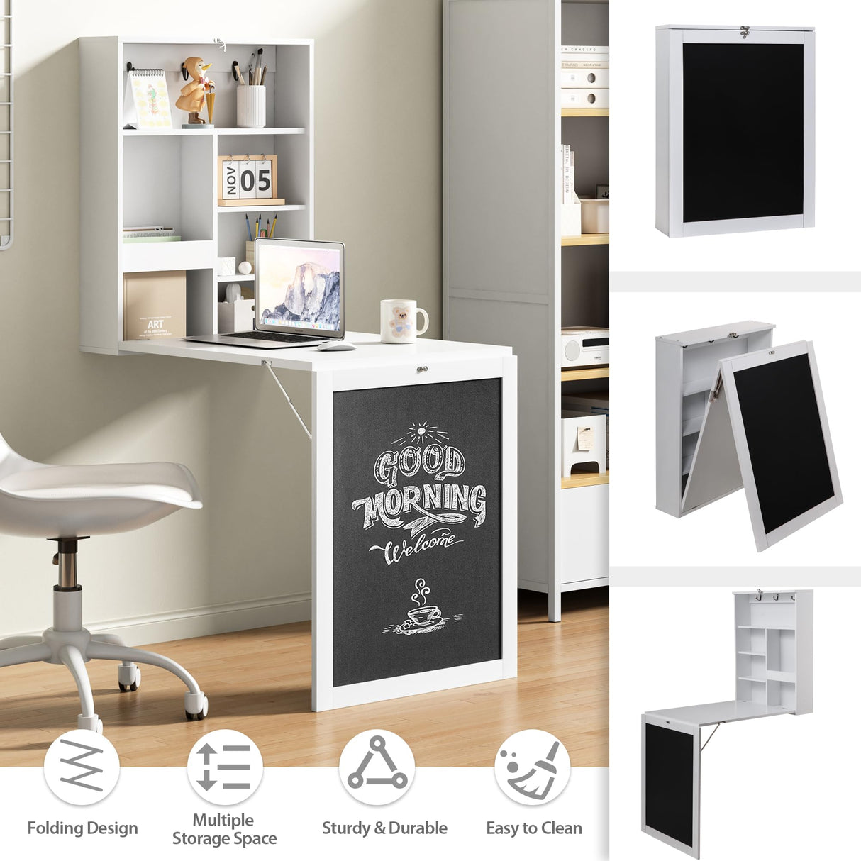 JAXPETY Wall Mounted Fold Out Desk with Storage Shelves Convertible Floating Desk Space Saving Wall Mount Table with Blackboard, White JAXPETY