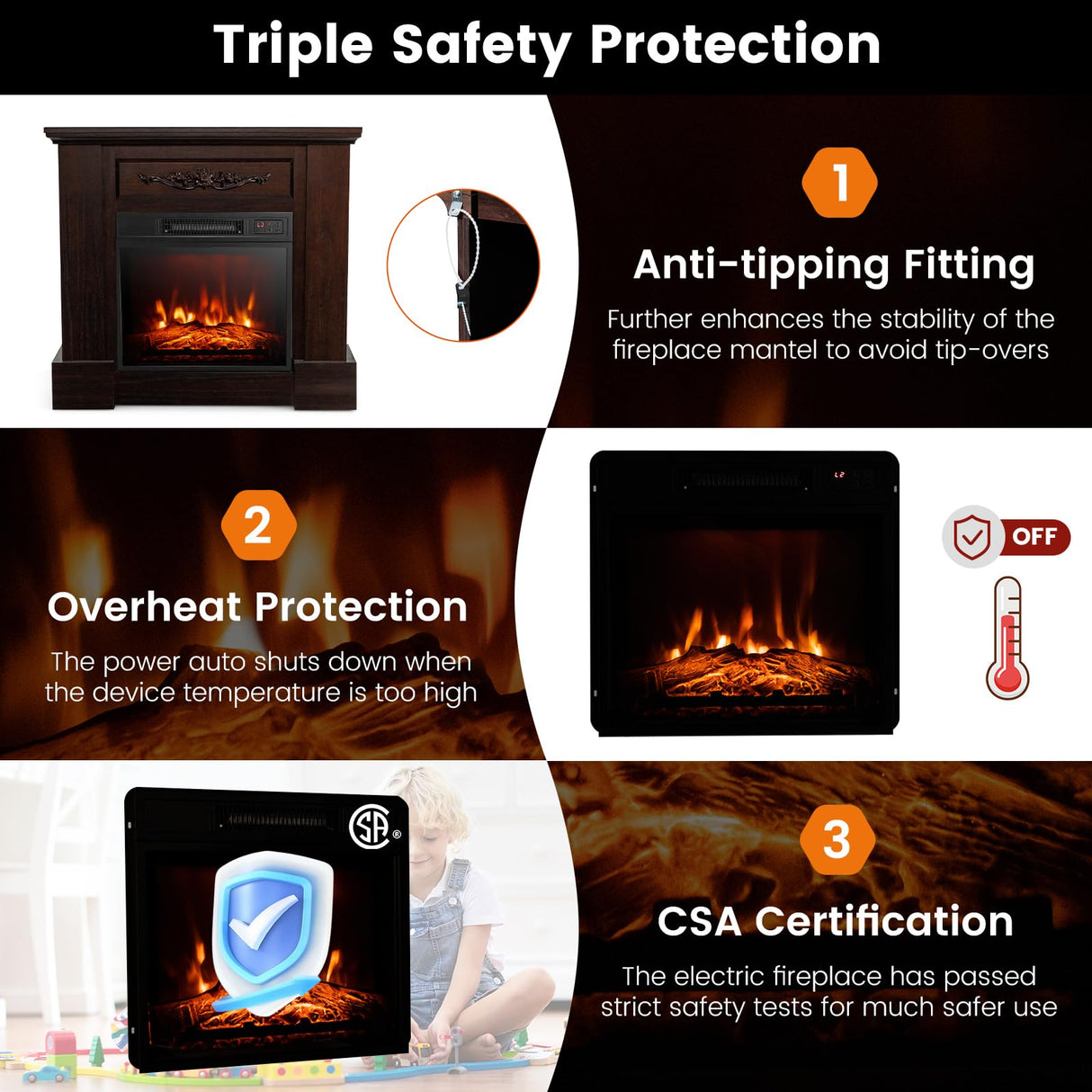 RELAX4LIFE 32-inch Electric Fireplace with Mantel - 1400W Fireplace Insert w/3 Flame Brightness, 6H Timer, Overheat Protection, Remote Control, Wood Surround Firebox with Fireplace Heater (Brown) RELAX4LIFE