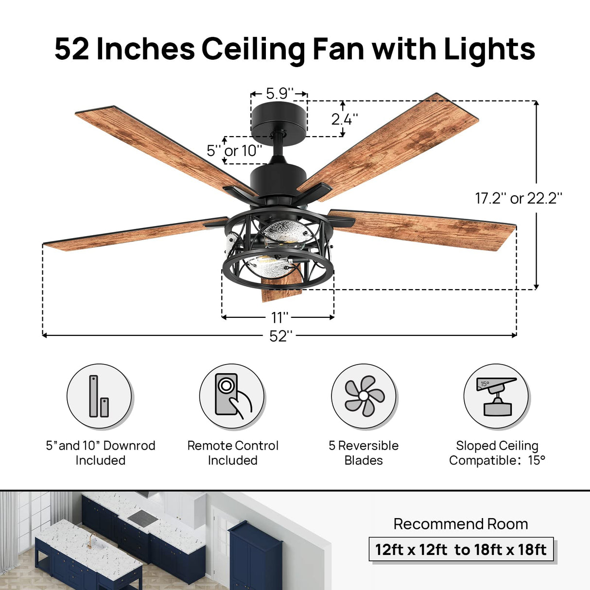 Consciot Ceiling Fan With Lights, 52 Inch Farmhouse Indoor Ceiling Fan With Remote, Quiet Reversible DC Motor, 5 Double Finish Wood Blades, Easy Dual Mount, Support Dimmable 2*E26 Bulbs(not included) Consciot