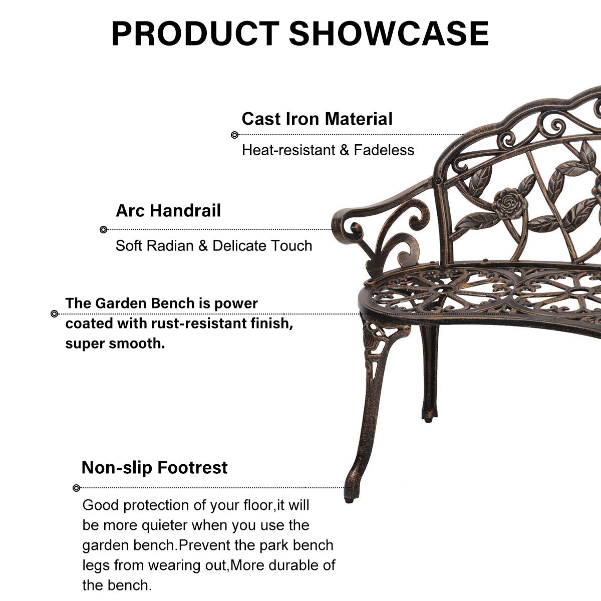 Patio Garden Bench Outdoor Metal Rose Loveseat,39in Cast Iron Well-Crafted Floral Back Antique Finish Park Chair,Accented Lawn Front Porch Path Yard Bronze Decor Deck Furniture for 2|Easy Assembly Meet perfect