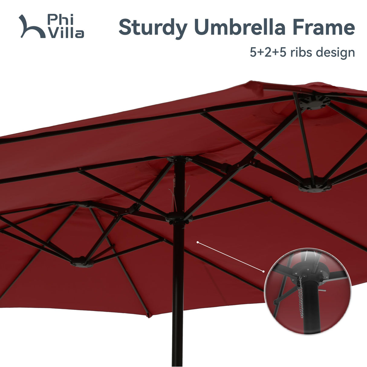 PHI VILLA 15ft Patio Umbrella Double-Sided Outdoor Market Extra Large Umbrella with Crank, Umbrella Base Included (Dark Red) PHI VILLA