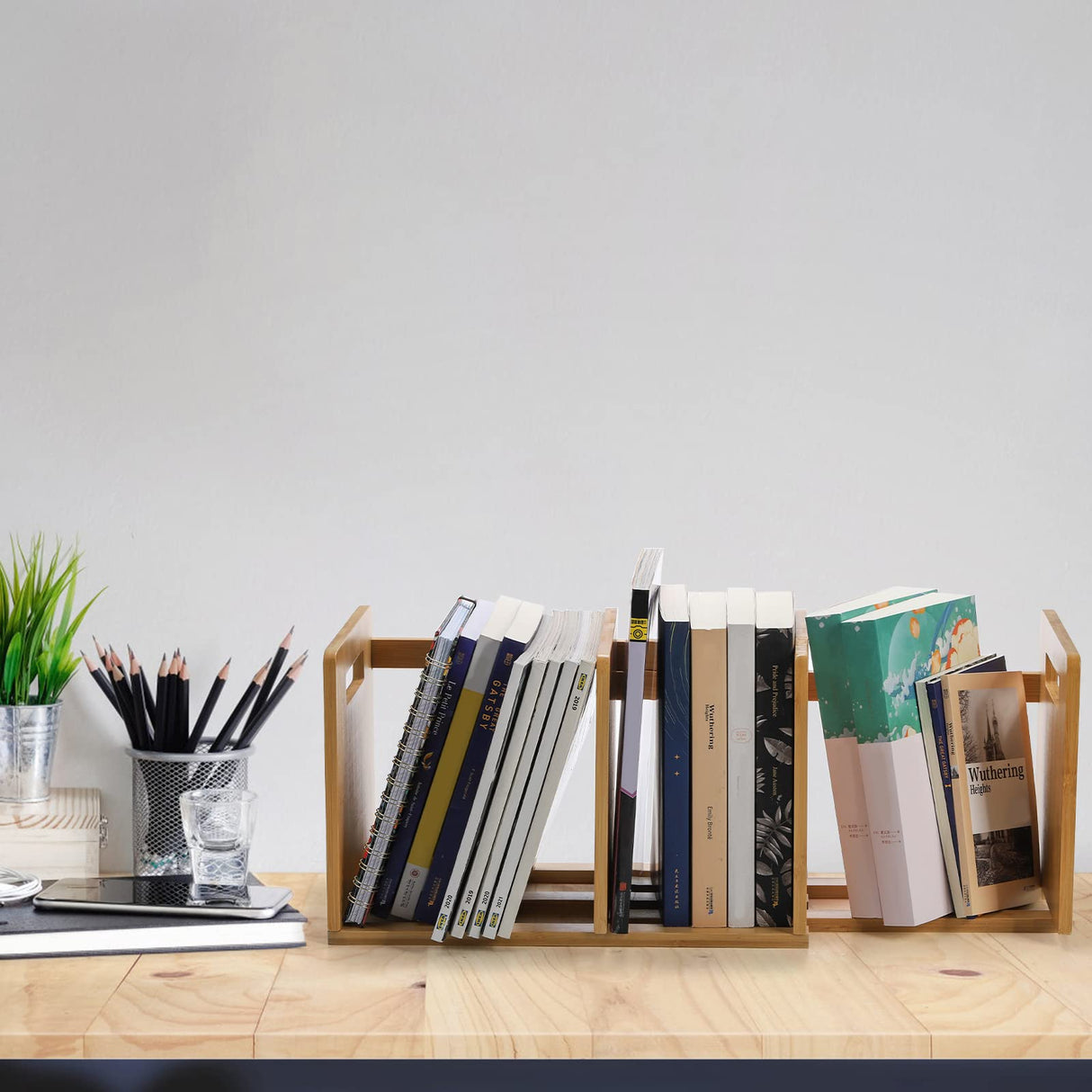 ZOOFOX Bamboo Desktop Bookshelf, Expandable Desktop Organizer, Small Display Shelf Book Rack for Office Supplies, Home Tabletop ZOOFOX