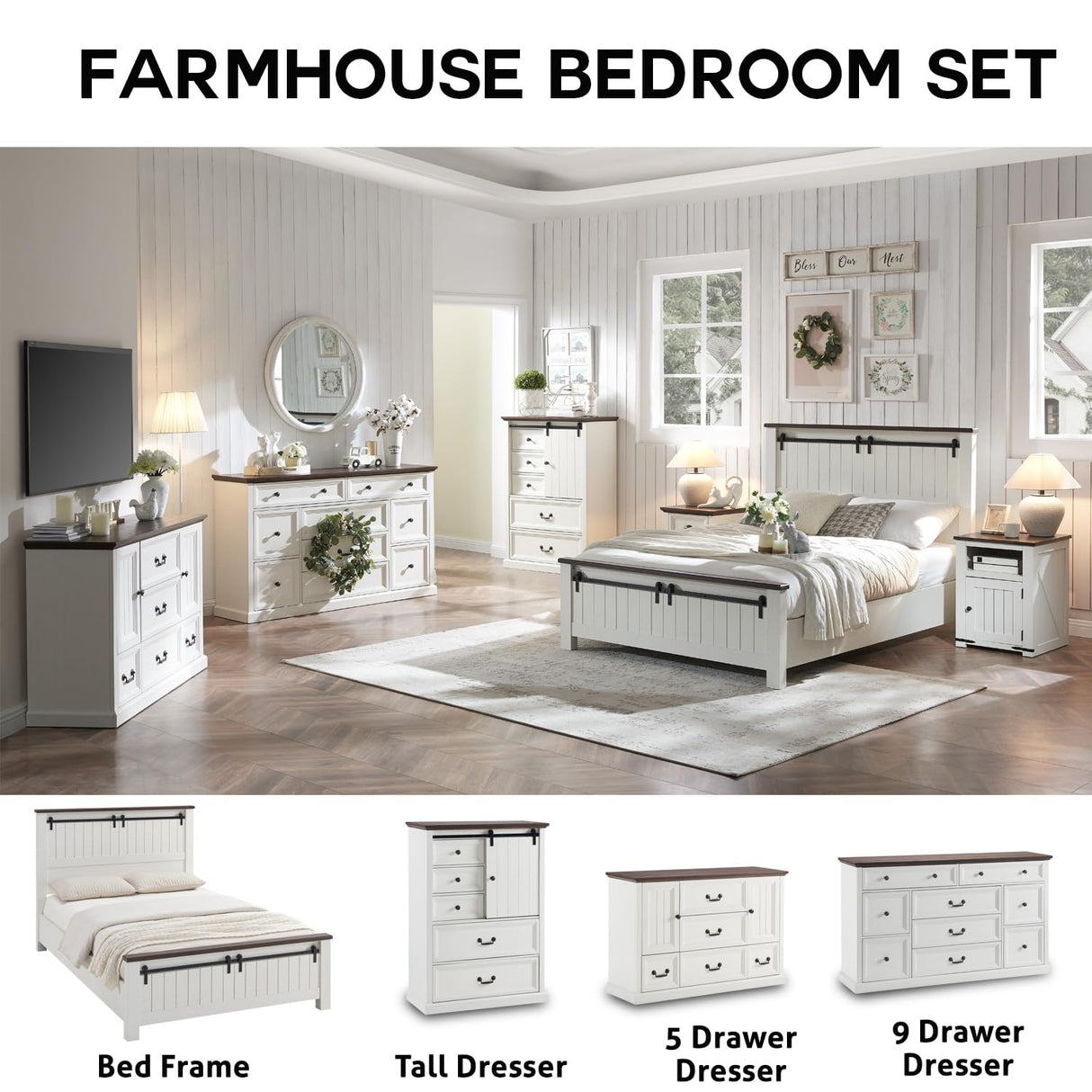 Farmhouse King Size Bed Frame with Sliding Barn Door Footboard and 47" Headboard in White IFGET