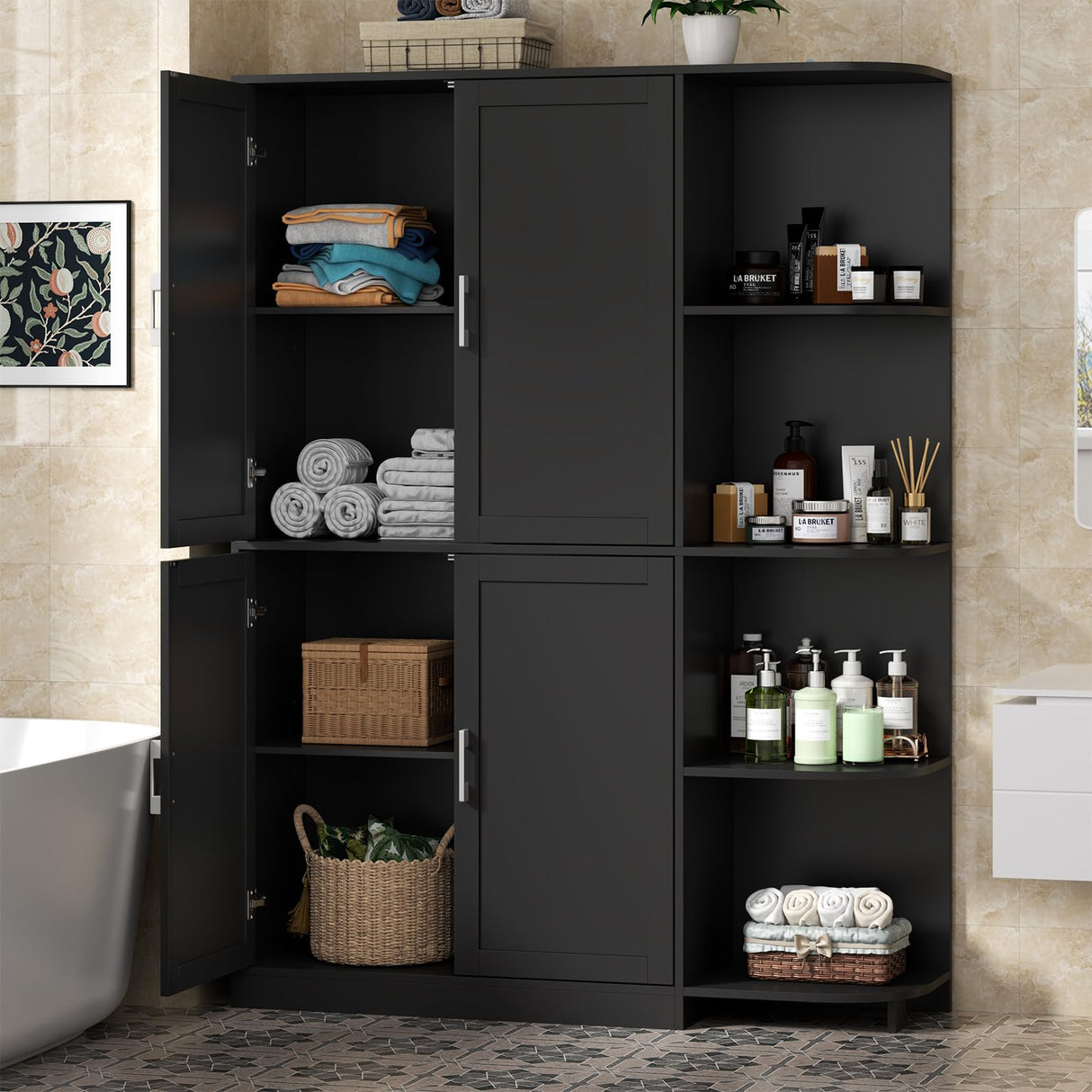 Loomie Kitchen Pantry Storage Cabinet, Food Pantry Cabinet with Doors & Adjustable Shelves, 64" Tall Kitchen Cabinet with 5-Tier External Shelf, Freestanding Cupboard for Kitchen (Black) Loomie