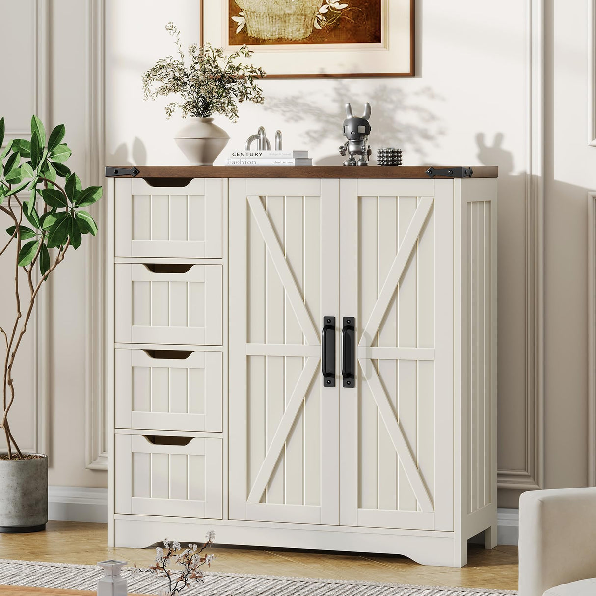 Vabches Farmhouse Bathroom Cabinet, Freestanding Storage Cabinet with 4 Drawers and 2 Doors, Rustic Storage Organizer with Adjustable Shelf for Bathroom, Living Room, Entryway, White Vabches