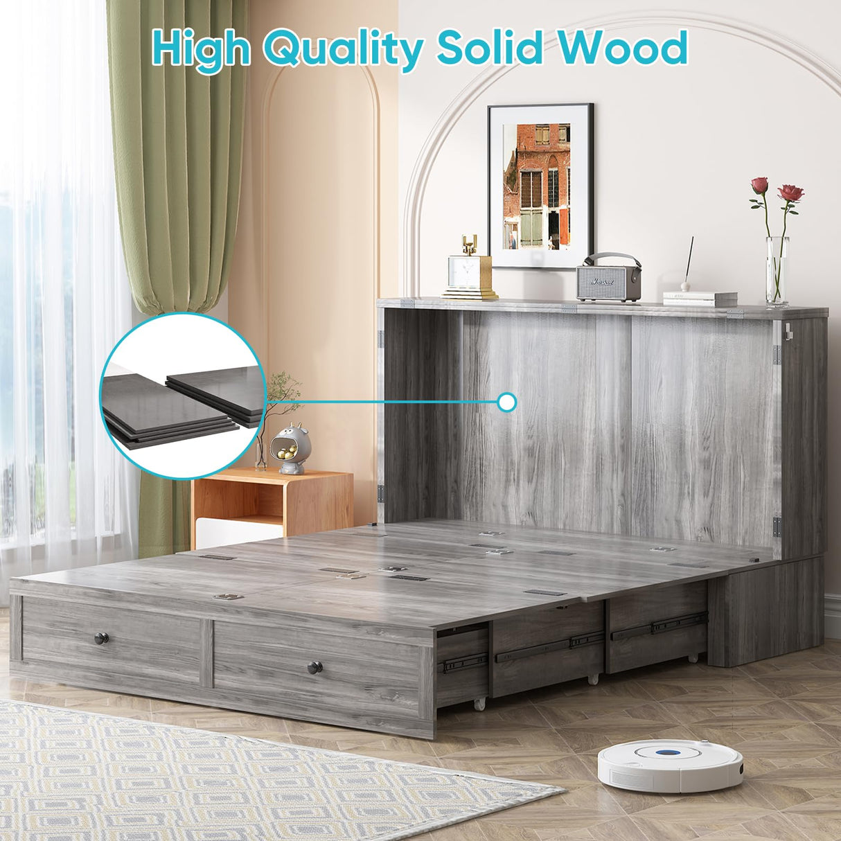 CECER Full Size Murphy Bed with Tri-Folding Mattress,Murphy Bed with Charging Station and 2 Large Storage Drawers for Small Spaces/Bedroom(Grey) CECER