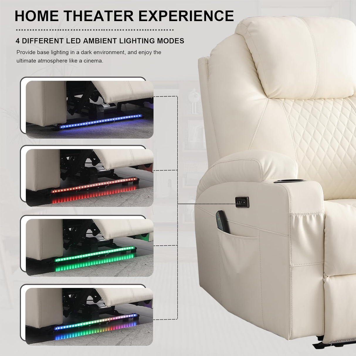 IBTKIG Power Recliner Chair with Heat and Massage, PU Leather Home Theater Seating with LED Lights/Cup Holders/Side Pocket/USB Port, Reclining Sofa Chair for Living Room (1, Beige) IBTKIG