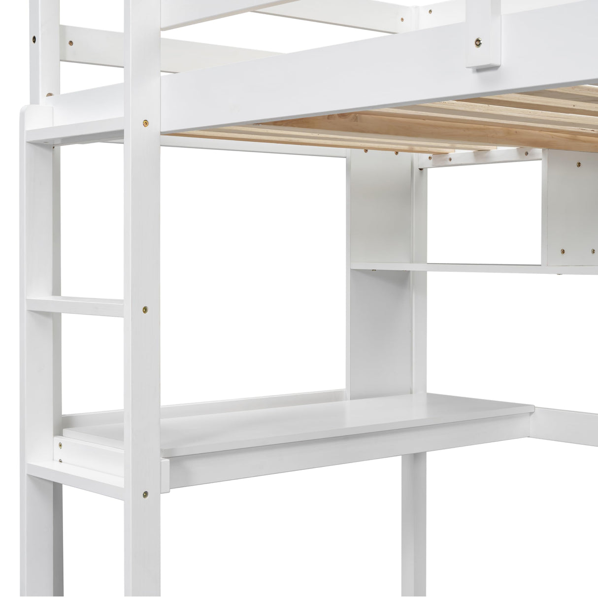 Twin Size Loft Bed with Desk for Kids,Solid Wood Loft Bed Frame with Bookcase,Loft Bed Twin with Storage,Space-Saving Loft Bed for Teens Adults,White Bellemave