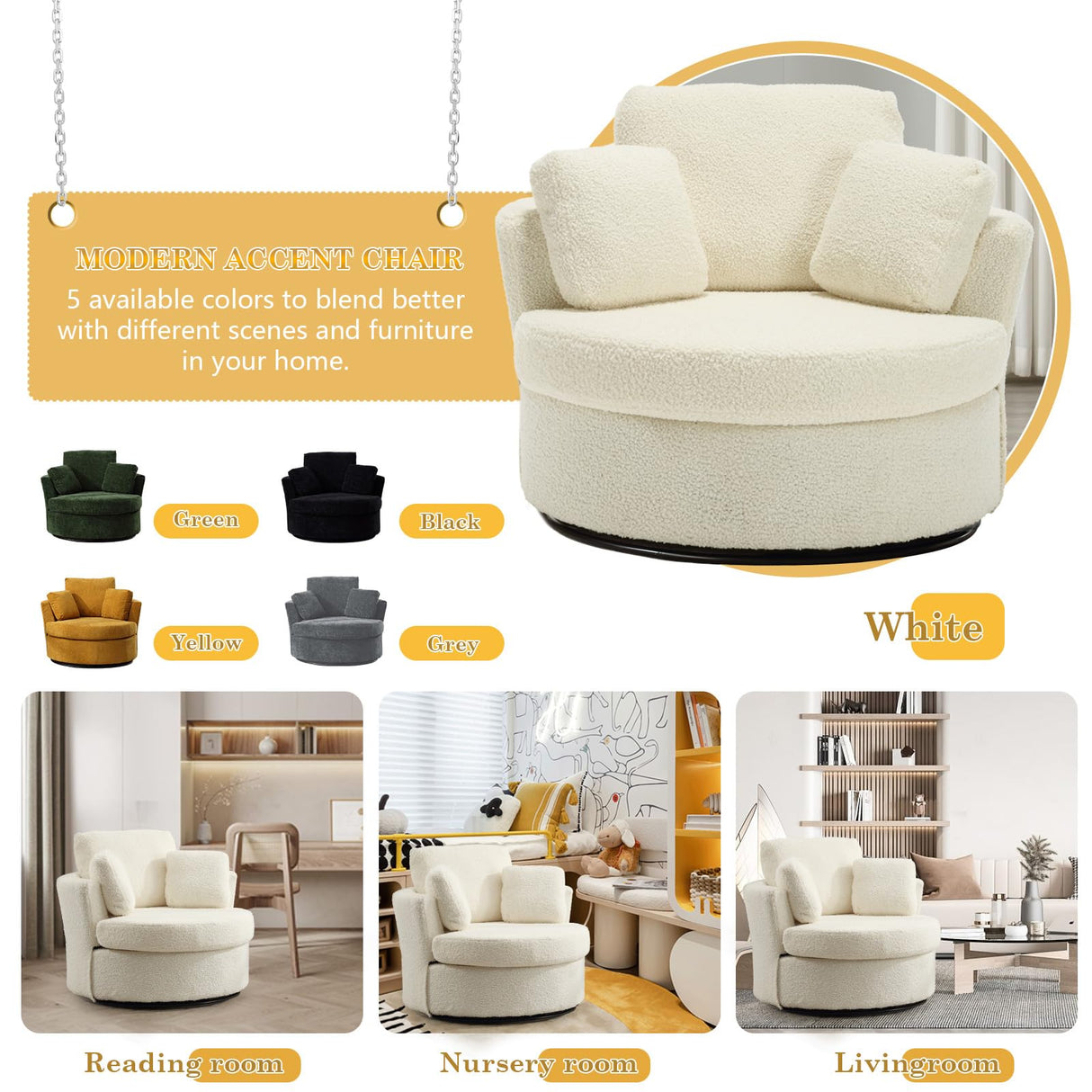 Swivel Barrel Chair, Modern Fabric Oversized 360 Degree Club Accent Arm Chairs, Single Round Living Room Sofa Chair w/ 3 Pillows for Nursery, Bedroom, Reading, Office, Ivory JEEOHEY