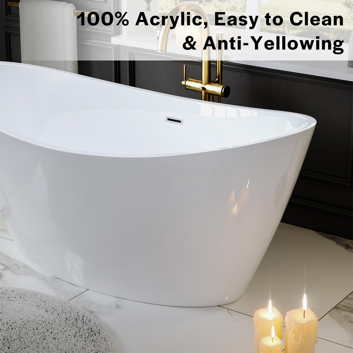 Empava Freestanding Bathtub, Flatbottom Acrylic Soaking Tub, Contemporary Stand Alone Design with Brushed Nickel Drain & Overflow, Glossy White, cUPC Certified, 59 Inch Empava