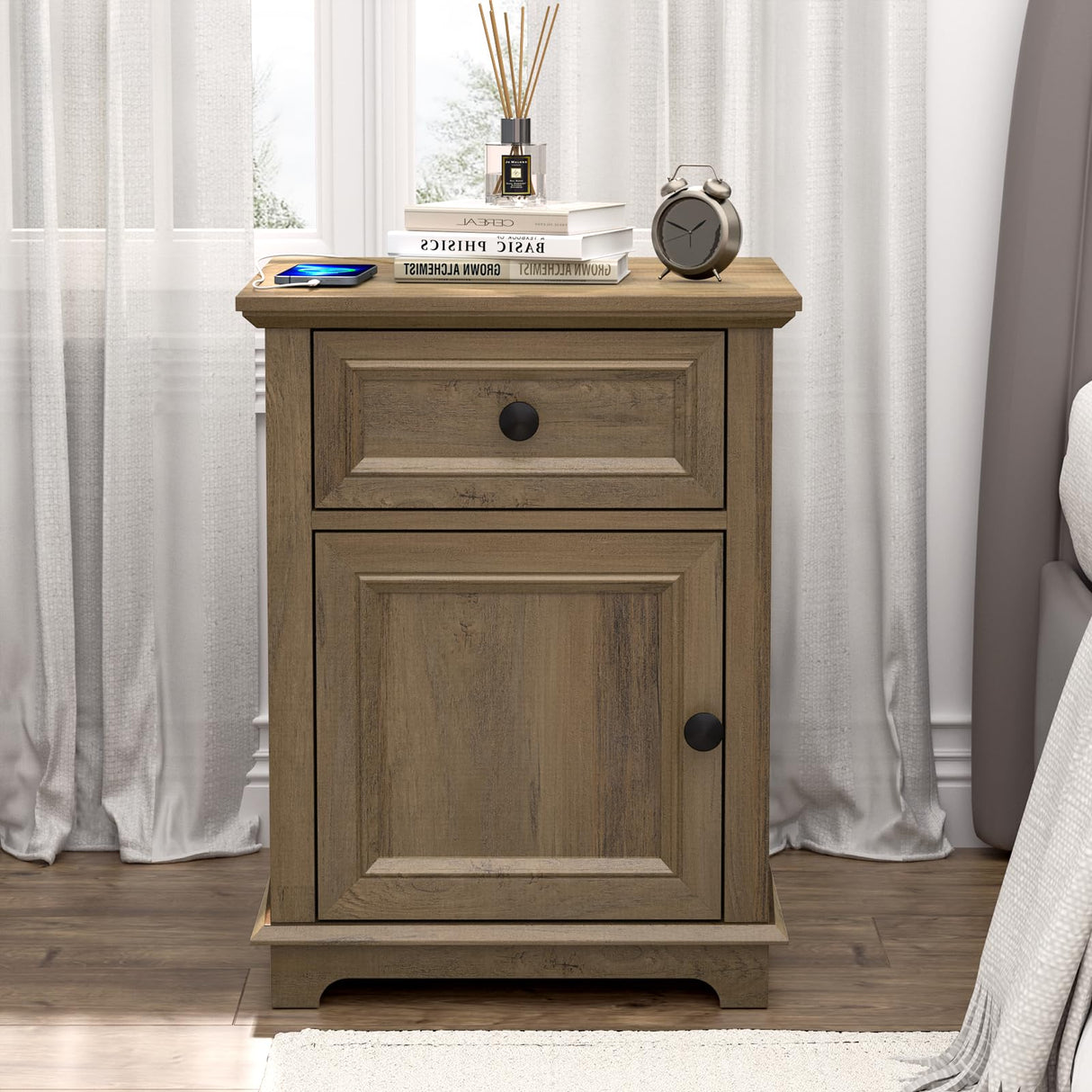 REDAYFUR End Tables with Fast-Charge Set of 2, Side Tables with Drawer Storage and Adjustable Shelf, Charging Nightstand Set of 2, Wooden Side Table for Living Room/Bedroom/Office, Light Brown REDAYFUR