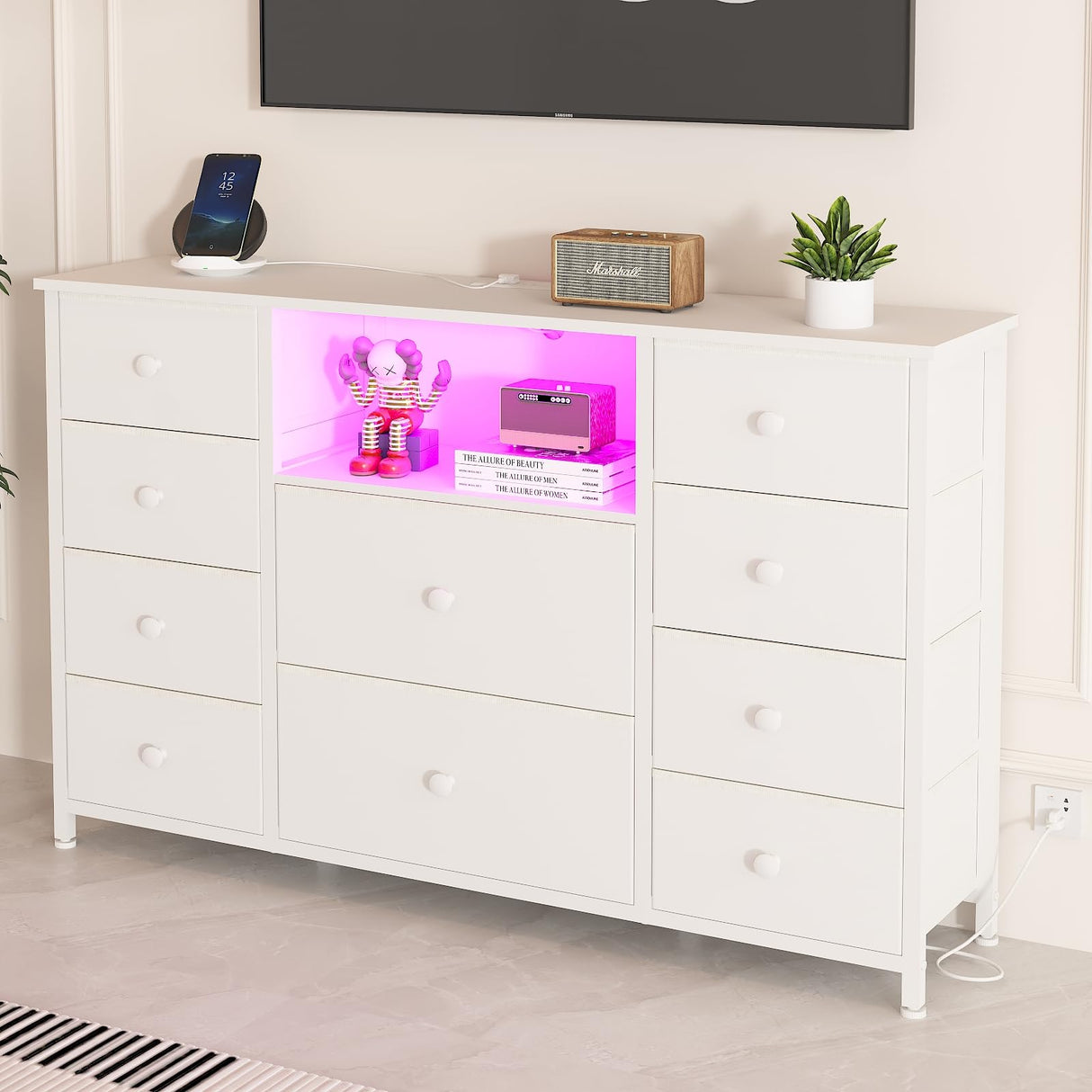 LDTTCUK Dresser with Charging Station and LED Lights, Long Dresser for Bedroom Dresser TV Stand with 10 Drawers, Fabric Chest of Drawers with PU Finish, Wide Dresser Storage Organizer, White LDTTCUK