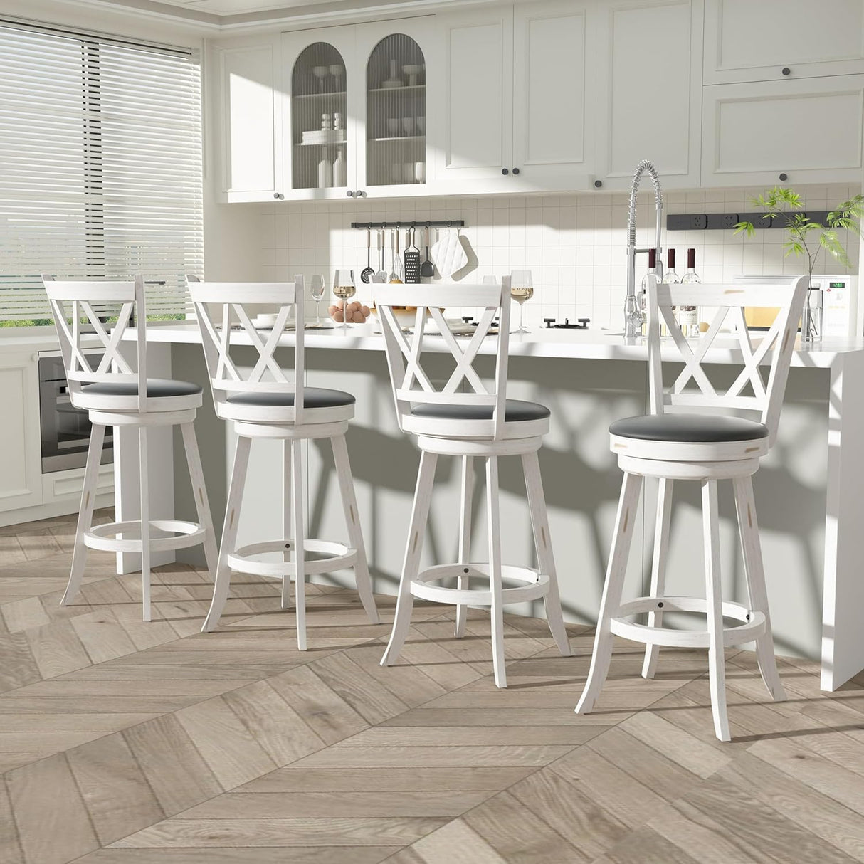 Betterhood 29" Bar Height Swivel Stools - High Back Swivel Barstools with Upholstered Seat & Solid Wood Footrest, Counter Bar Chairs for Kitchen Island & Pub (White, Set of 2) Betterhood